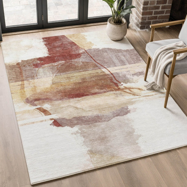 HomeRoots 8' Washable Terra Cotta & Ivory Abstract Round Rug with UV Protection for Modern Homes & Easy Care 715396