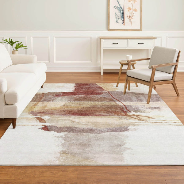 HomeRoots 8' Washable Terra Cotta & Ivory Abstract Round Rug with UV Protection for Modern Homes & Easy Care 715396