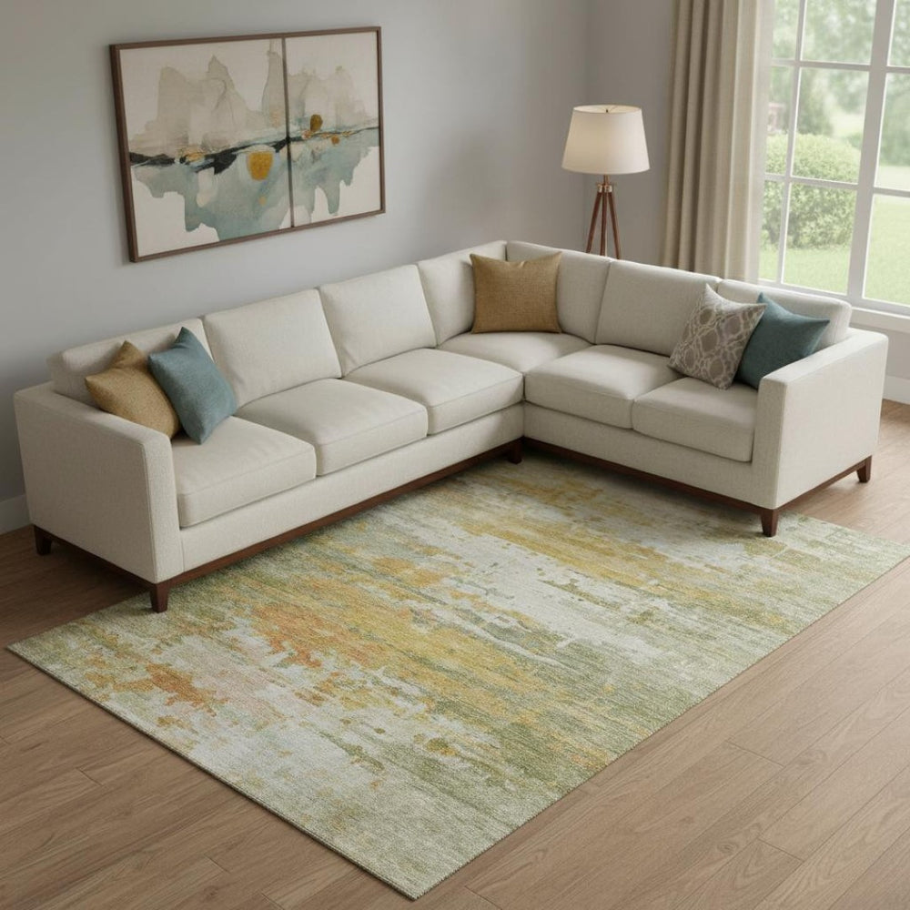 HomeRoots 9' X 12' Sage and Ivory Abstract Area Rug – Washable, UV Protected, Durable, Perfect for Families 715404