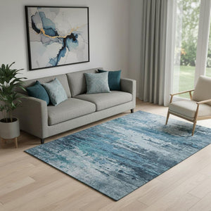 HomeRoots 8' Modern Blue and Gray Abstract Round Rug - Washable, Stain Resistant, UV Protected for Homes 715408