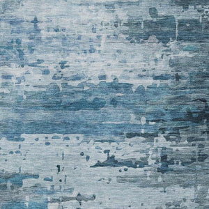 HomeRoots 8' Modern Blue and Gray Abstract Round Rug - Washable, Stain Resistant, UV Protected for Homes 715408