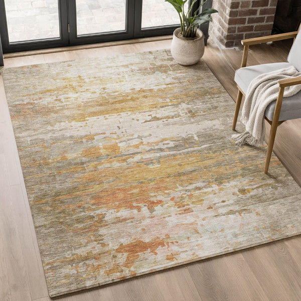 HomeRoots 5' X 8' Washable Khaki & Beige Abstract Area Rug with UV Protection – Stylish, Durable, Easy Care! 715419