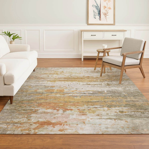 HomeRoots 5' X 8' Washable Khaki & Beige Abstract Area Rug with UV Protection – Stylish, Durable, Easy Care! 715419