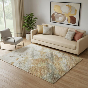HomeRoots 8' Khaki and Beige Abstract Washable Round Rug - UV Resistant, Stylish, Easy-Care for Every Home 715420