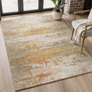 HomeRoots 9' X 12' Khaki & Beige Abstract Washable Area Rug - Stylish, Stain Resistant, UV Protected Design 715422
