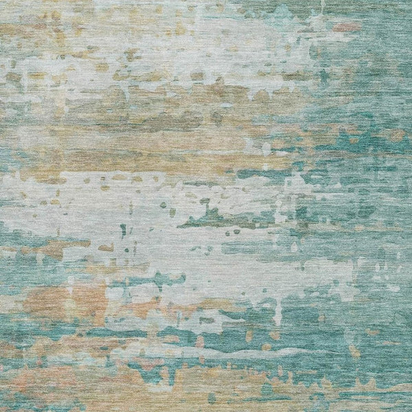 HomeRoots 5' X 8' Teal and Beige Abstract Area Rug – Washable, UV Protected, Stain Resistant for Modern Spaces 715425
