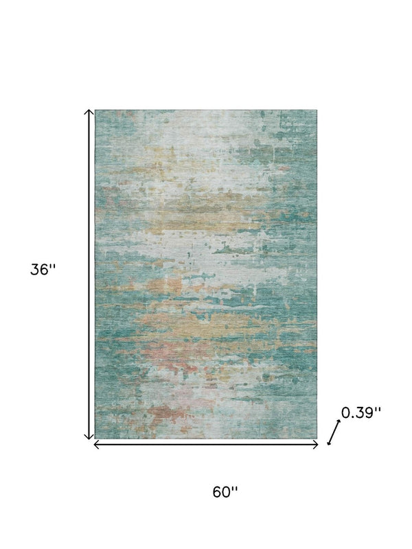 HomeRoots 5' X 8' Teal and Beige Abstract Area Rug – Washable, UV Protected, Stain Resistant for Modern Spaces 715425