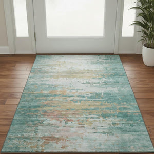HomeRoots 5' X 8' Teal and Beige Abstract Area Rug – Washable, UV Protected, Stain Resistant for Modern Spaces 715425
