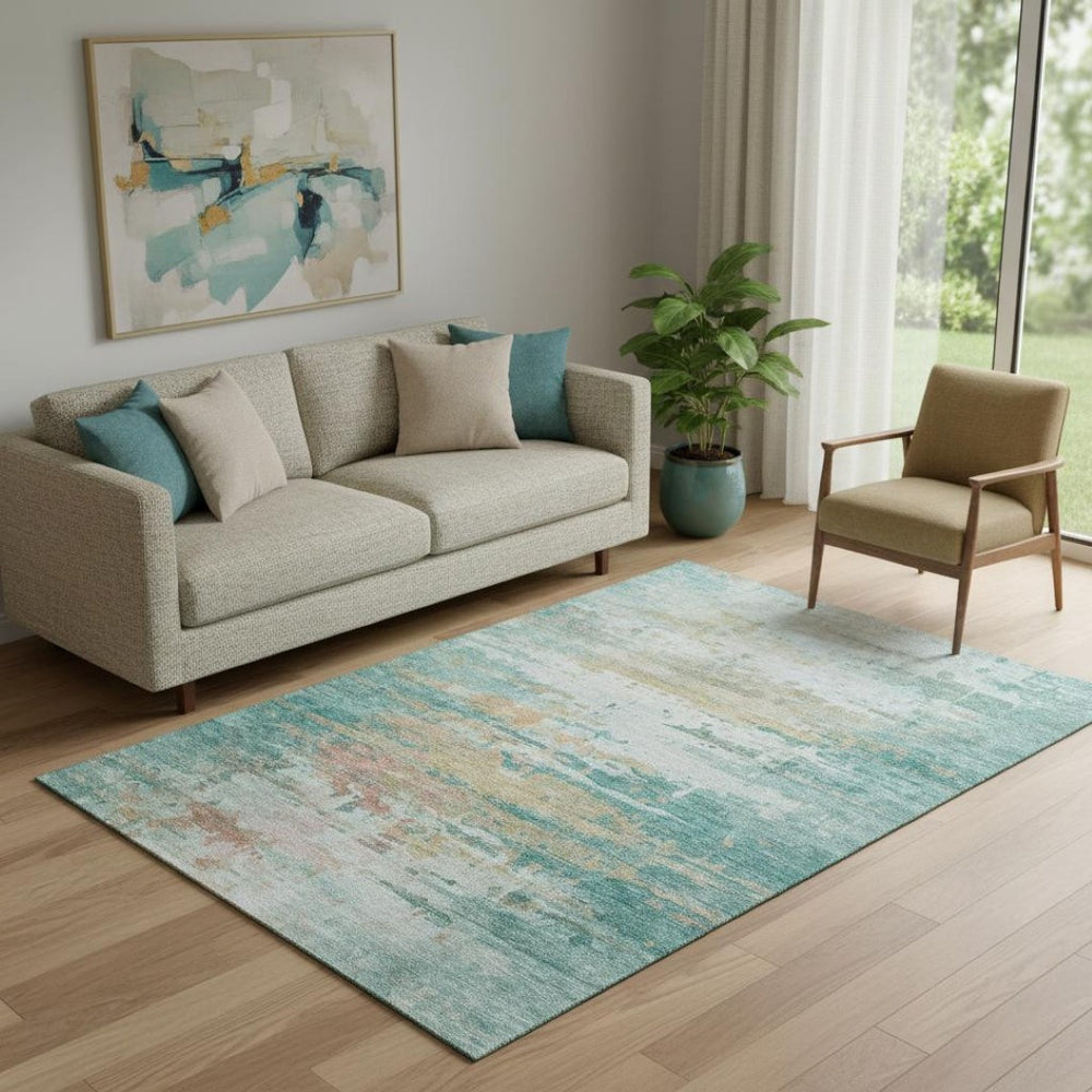 HomeRoots 8' Teal and Beige Abstract Round Rug - Washable, UV Protected, and Stylish for Modern Spaces 715426
