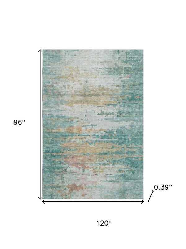 HomeRoots 9' X 12' Teal And Beige Abstract Area Rug - Washable, UV Protected & Perfect for Family Spaces! 715428
