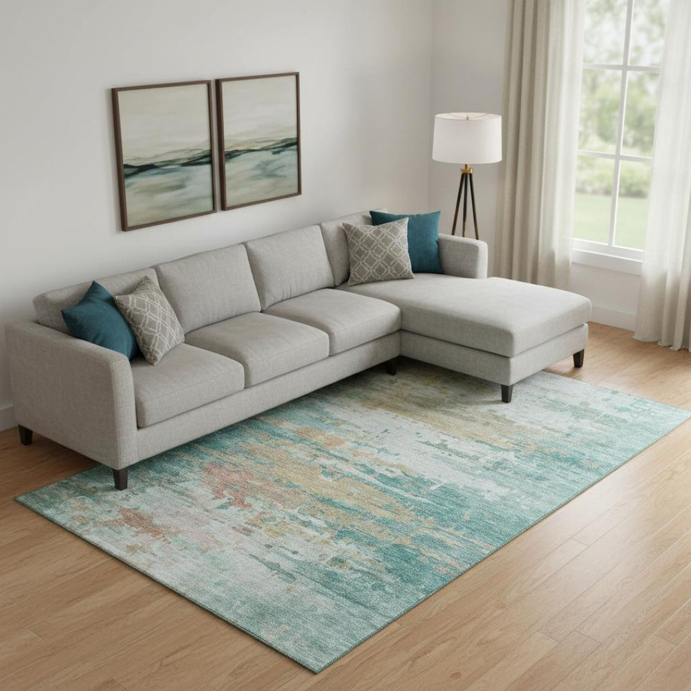 HomeRoots 9' X 12' Teal And Beige Abstract Area Rug - Washable, UV Protected & Perfect for Family Spaces! 715428