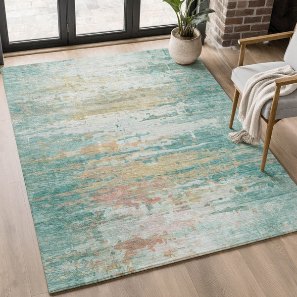 HomeRoots 10' X 14' Teal and Beige Abstract Area Rug - Washable, UV Resistant, Ideal for Families & Pets! 715429