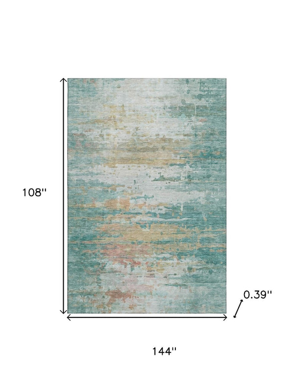 HomeRoots 10' X 14' Teal and Beige Abstract Area Rug - Washable, UV Resistant, Ideal for Families & Pets! 715429