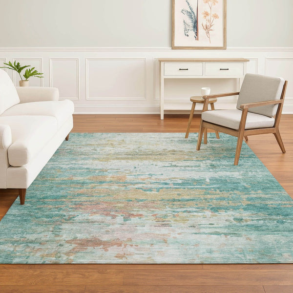 HomeRoots 10' X 14' Teal and Beige Abstract Area Rug - Washable, UV Resistant, Ideal for Families & Pets! 715429