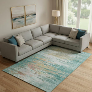 HomeRoots 10' X 14' Teal and Beige Abstract Area Rug - Washable, UV Resistant, Ideal for Families & Pets! 715429