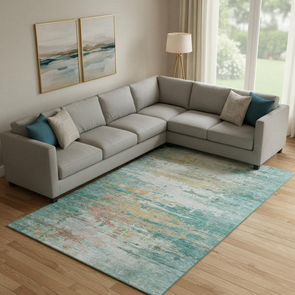 HomeRoots 10' X 14' Teal and Beige Abstract Area Rug - Washable, UV Resistant, Ideal for Families & Pets! 715429
