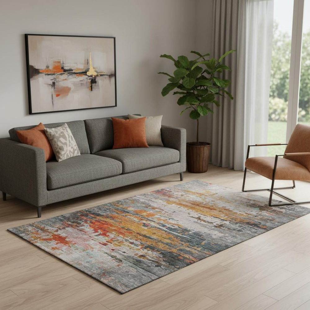 HomeRoots 8' Terra Cotta & Beige Abstract Round Rug - Washable, UV-Protected, Stain-Resistant for High-Traffic Areas 715432