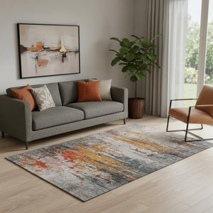 HomeRoots 8' Terra Cotta & Beige Abstract Round Rug - Washable, UV-Protected, Stain-Resistant for High-Traffic Areas 715432