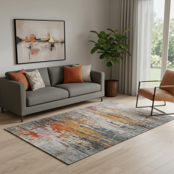 HomeRoots 8' Terra Cotta & Beige Abstract Round Rug - Washable, UV-Protected, Stain-Resistant for High-Traffic Areas 715432
