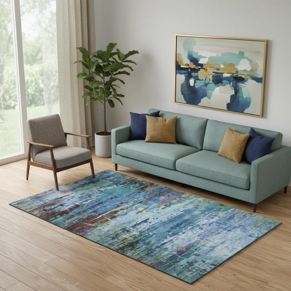 HomeRoots 8' Blue And Purple Abstract Round Rug - Washable, UV Protected, Stain Resistant, Non-Slip Backing 715438