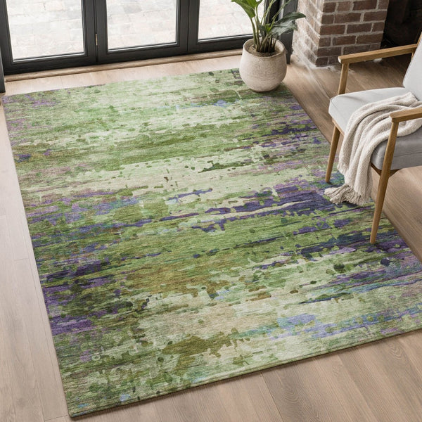 HomeRoots 5' X 8' Vibrant Green and Purple Abstract Area Rug - Washable, UV Protected, Durable & Stylish Design 715443