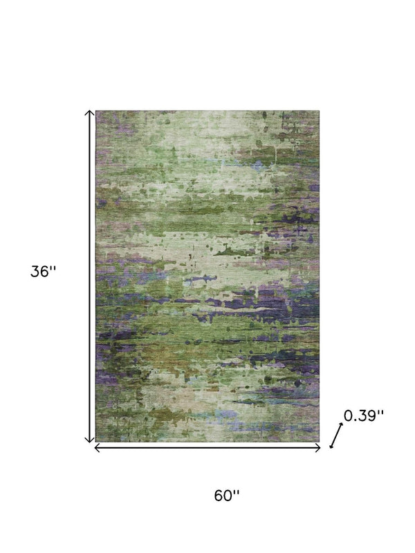 HomeRoots 5' X 8' Vibrant Green and Purple Abstract Area Rug - Washable, UV Protected, Durable & Stylish Design 715443