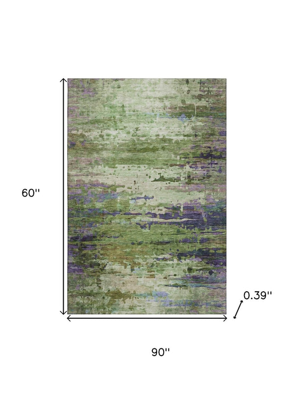 HomeRoots 8' Green and Purple Abstract Washable Round Rug - UV Protected, Stain-Resistant, Pet-Friendly Design 715444
