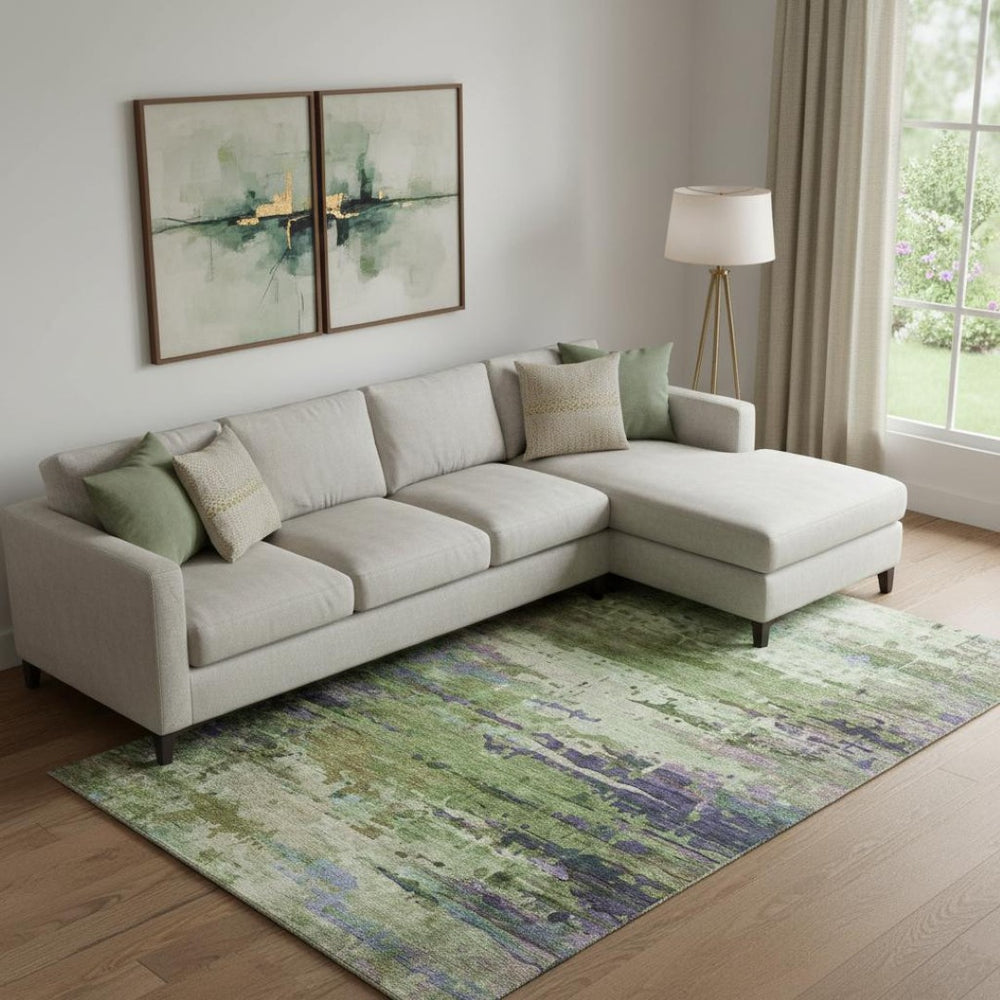 HomeRoots 9' X 12' Washable Green & Purple Abstract Area Rug with UV Protection for Stylish, Durable Living Spaces 715446