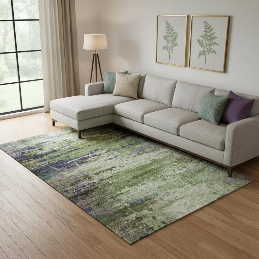 HomeRoots 10' Green and Purple Abstract Washable Area Rug - UV Protected, Durable, Modern Design for Homes 715447