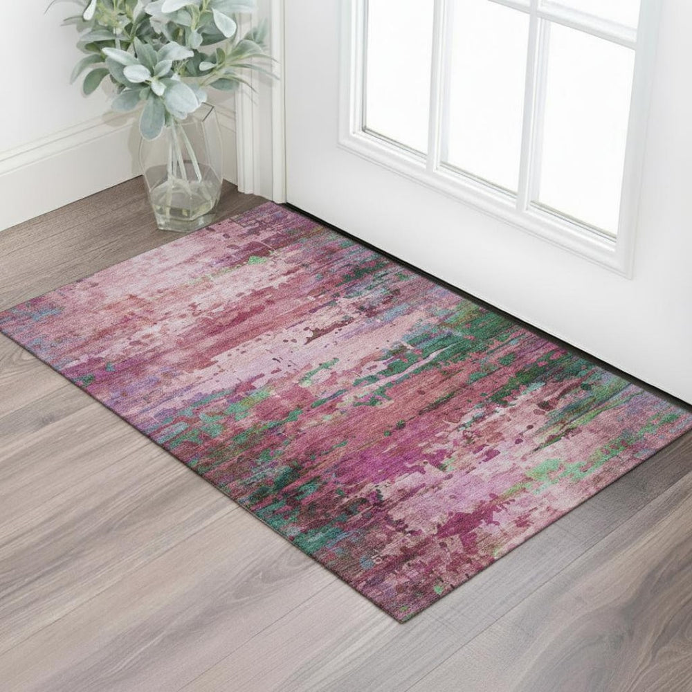 HomeRoots 5' X 8' Pink And Green Abstract Washable Area Rug – Durable, UV-Protected, Perfect for Homes with Kids & Pets 715449