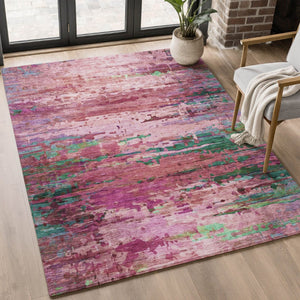 HomeRoots 8' Vibrant Pink and Green Abstract Washable Round Rug with UV Protection for Modern Spaces 715450