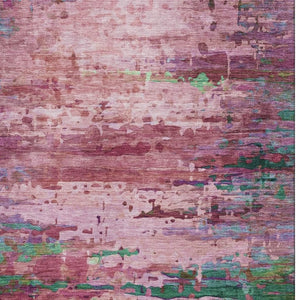 HomeRoots 8' Vibrant Pink and Green Abstract Washable Round Rug with UV Protection for Modern Spaces 715450