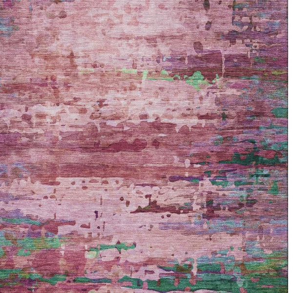 HomeRoots 8' Vibrant Pink and Green Abstract Washable Round Rug with UV Protection for Modern Spaces 715450