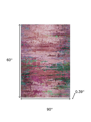 HomeRoots 8' Vibrant Pink and Green Abstract Washable Round Rug with UV Protection for Modern Spaces 715450