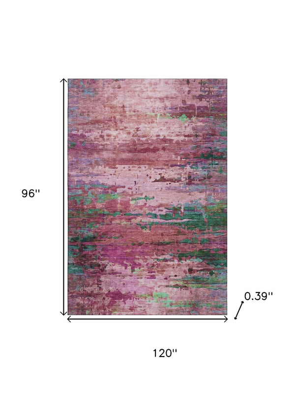 HomeRoots 9' X 12' Washable Pink & Green Abstract Area Rug with UV Protection for Kids, Pets & Modern Décor 715452