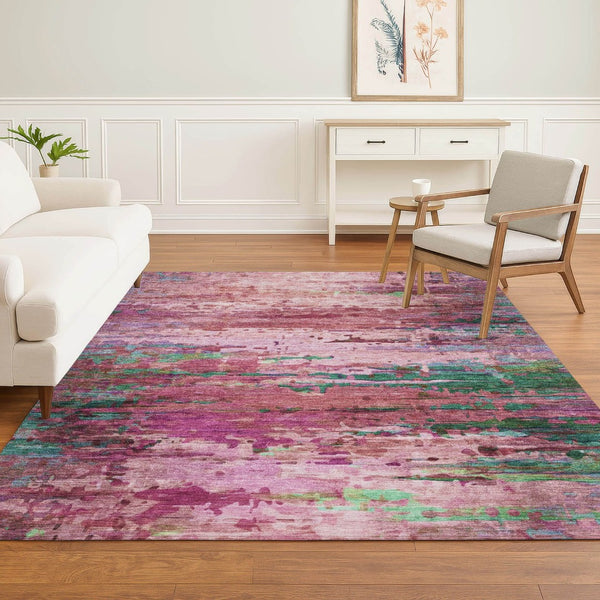 HomeRoots 9' X 12' Washable Pink & Green Abstract Area Rug with UV Protection for Kids, Pets & Modern Décor 715452