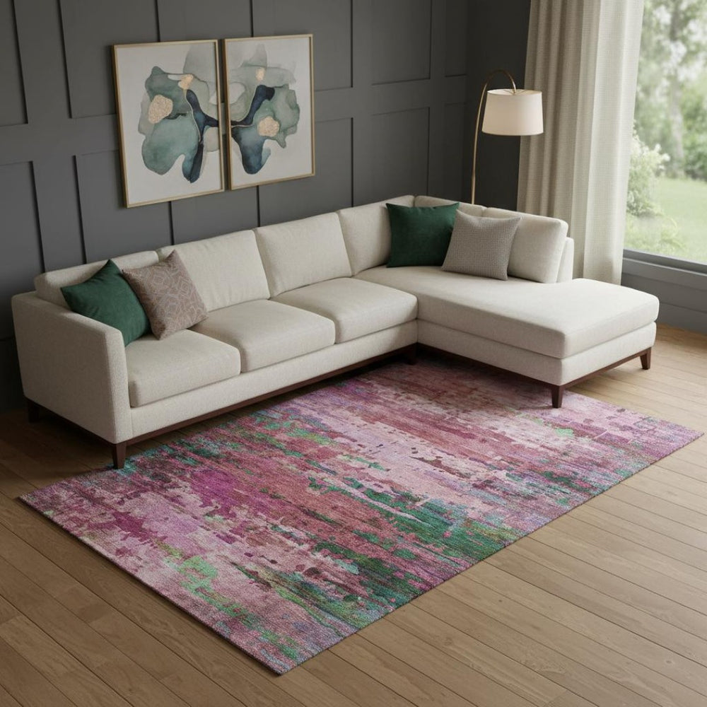 HomeRoots 9' X 12' Washable Pink & Green Abstract Area Rug with UV Protection for Kids, Pets & Modern Décor 715452