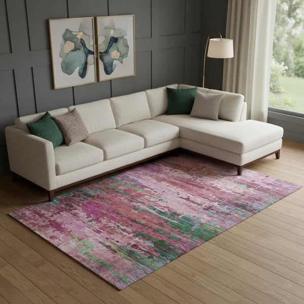 HomeRoots 9' X 12' Washable Pink & Green Abstract Area Rug with UV Protection for Kids, Pets & Modern Décor 715452