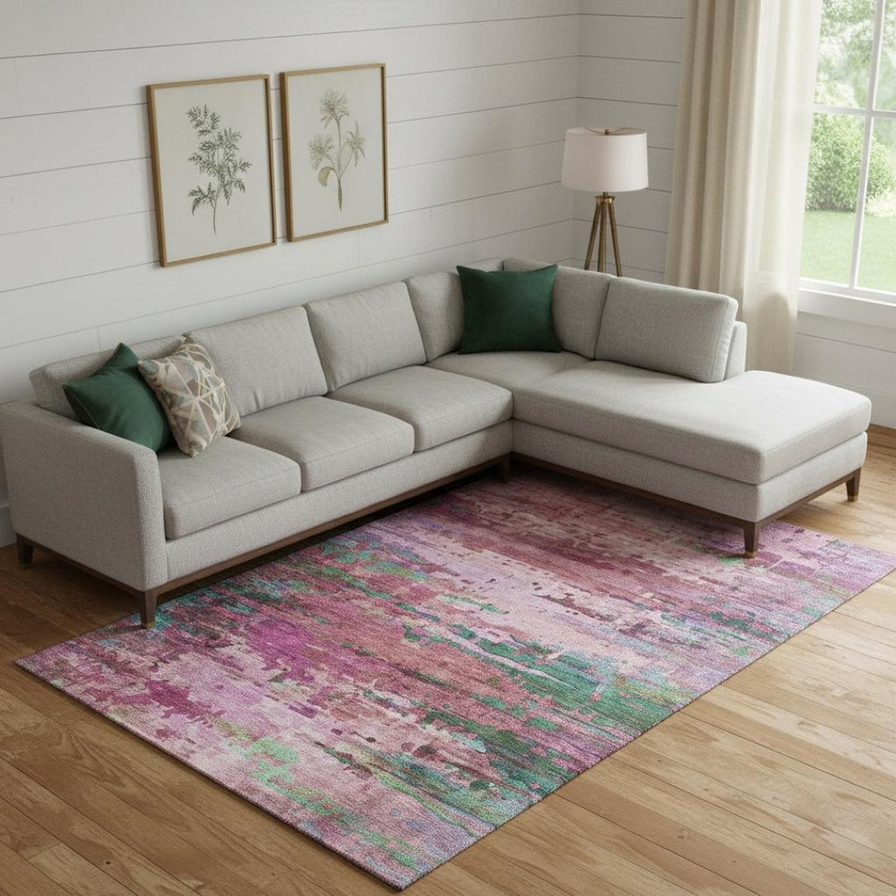 HomeRoots 10' Pink and Green Abstract Area Rug - Washable, UV-Protected, and Perfect for Busy Homes! 715453
