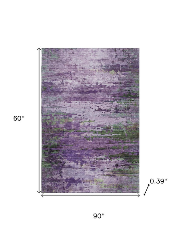 HomeRoots 8' Vibrant Purple and Green Abstract Washable Round Rug with UV Protection and Non-Slip Backing 715456