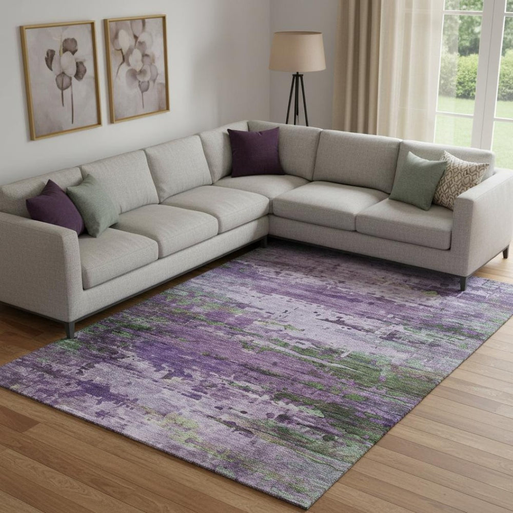 HomeRoots 9' X 12' Purple and Green Abstract Area Rug – Washable, UV-Protected, Stain-Resistant & Durable Decor 715458