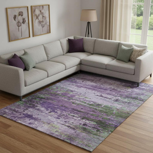 HomeRoots 9' X 12' Purple and Green Abstract Area Rug – Washable, UV-Protected, Stain-Resistant & Durable Decor 715458