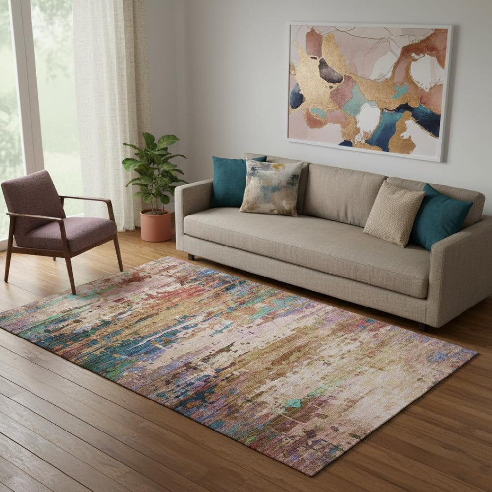 HomeRoots 8' Elegant Sage and Teal Abstract Round Rug - Washable, UV-Protected, Stain-Resistant Design for Homes 715462