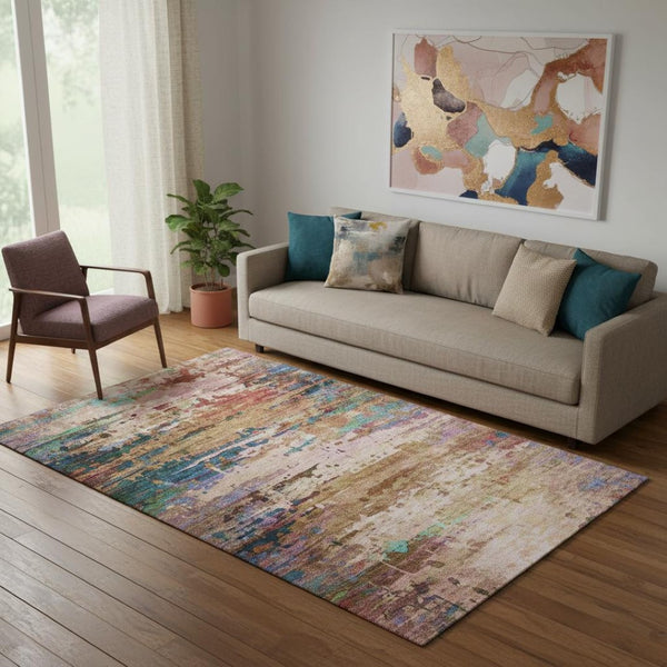 HomeRoots 8' Elegant Sage and Teal Abstract Round Rug - Washable, UV-Protected, Stain-Resistant Design for Homes 715462