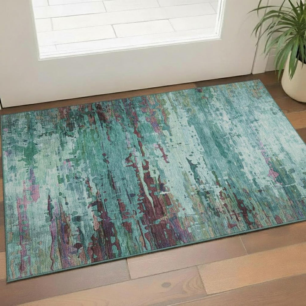 HomeRoots 5' Teal and Plum Abstract Area Rug – Washable, UV Protected, Durable, Perfect for Homes with Kids & Pets 715467