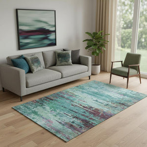 HomeRoots 8' Teal And Plum Abstract Washable Round Rug – Durable, UV-Protected, Pet-Friendly Style for Any Room 715468