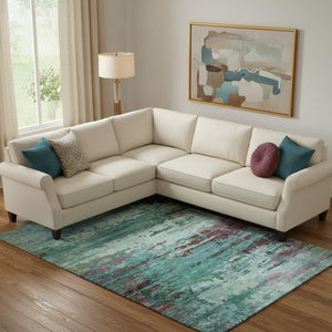 HomeRoots 9' X 12' Teal And Plum Abstract Area Rug – Washable, Stain-Resistant, UV Protected for Modern Homes 715470