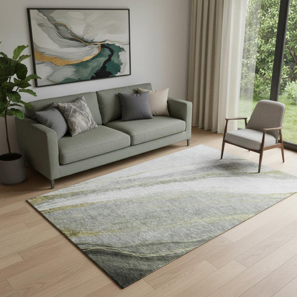 HomeRoots 8' Sage and Gray Abstract Round Rug - Washable, UV Protected, Stylish, Durable for Homes with Kids & Pets 715474