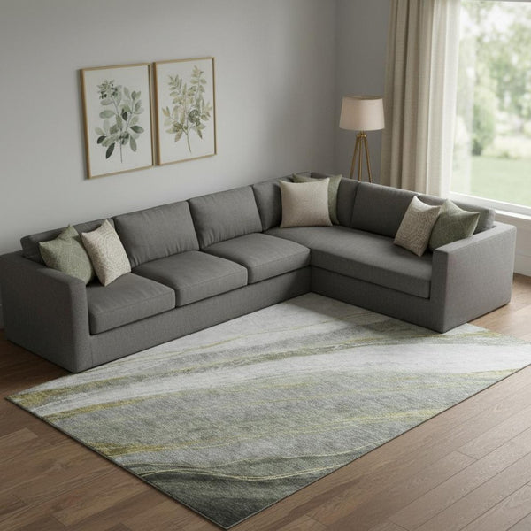 HomeRoots 9' X 12' Sage and Gray Abstract Area Rug - Washable, UV Protected, Stain Resistant for Modern Homes 715476