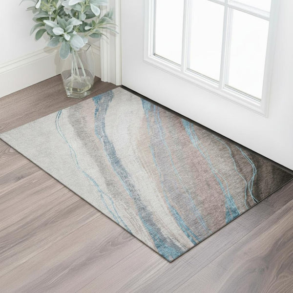 HomeRoots 5' X 8' Washable Brown and Blue Abstract Area Rug with UV Protection for Modern Homes & Playrooms 715479